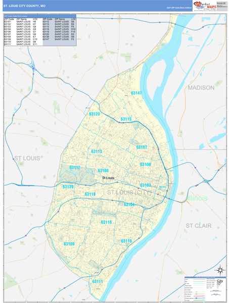 St. Louis City County, MO Wall Map Basic Style
